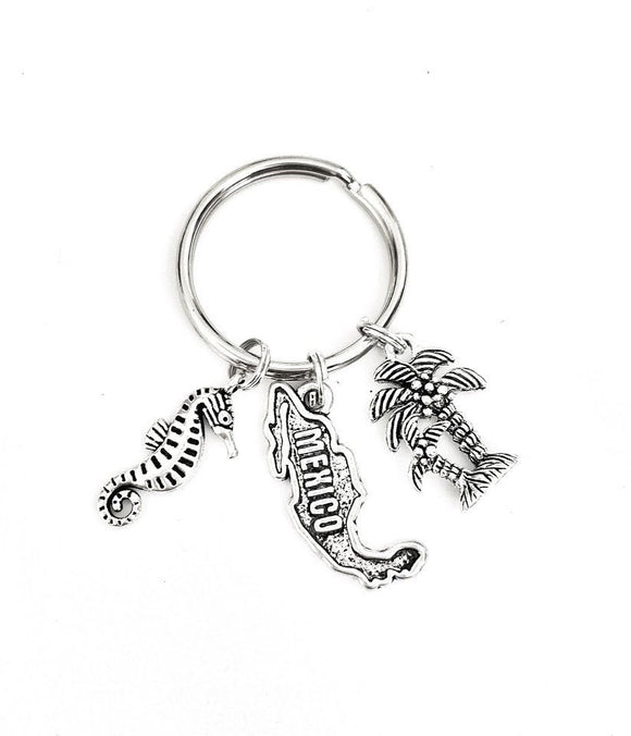Mexico Beach themed keychain. Mexico, Seahorse, and Palm Tree charms. Mexican Vacation, Mexico Beach House, Mexico Honeymoon gift.