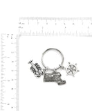 Massachusetts themed keychain. Includes State of Massachusetts, a Lobster, and Ship Wheel Charms. Boston Lover Gift.
