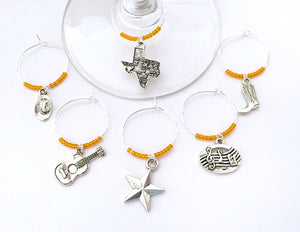 Austin Texas Wine Charms: Texas Music Lovers gift. Set of 6 Wine Glass Identifiers (State of Texas, Cowboy Hat, Guitar, Texas Star, and Music Notes)