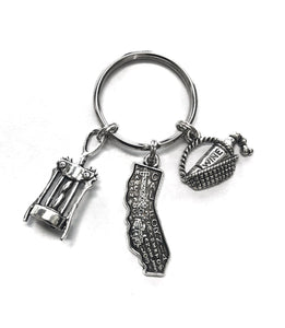 California Wine themed keychain. Includes State of California, Corkscrew, and Picnic Basket. Napa Valley Gift, Wine Getaway Gift.