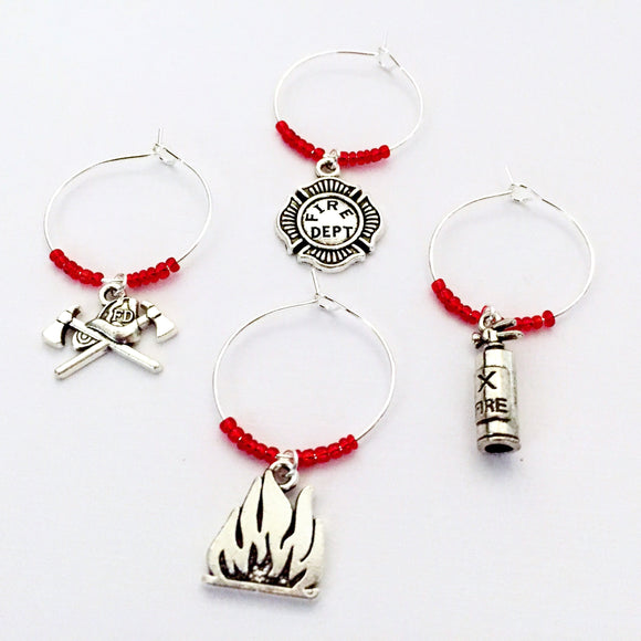 Firefighter Wine Charms: Fireman Themed Wine Charms. Perfect gift for the Firefighter in your life. Set of 5. Red Beads