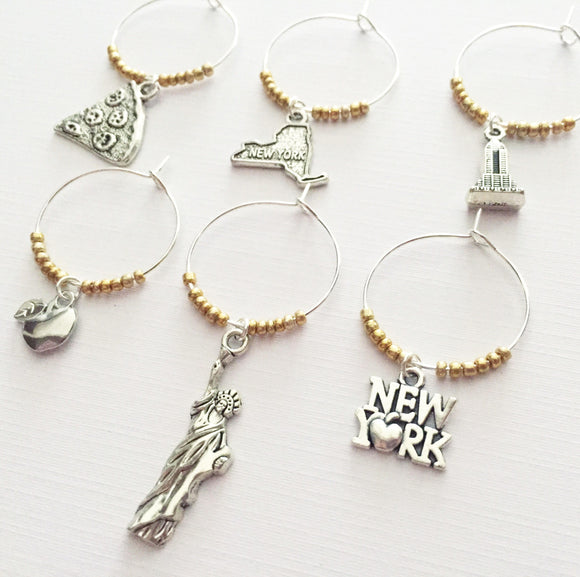 New York City Wine Charms: Set of 6. State of NY, Statue of Liberty, New York Sign, Apple, Pizza, and Empire State Building