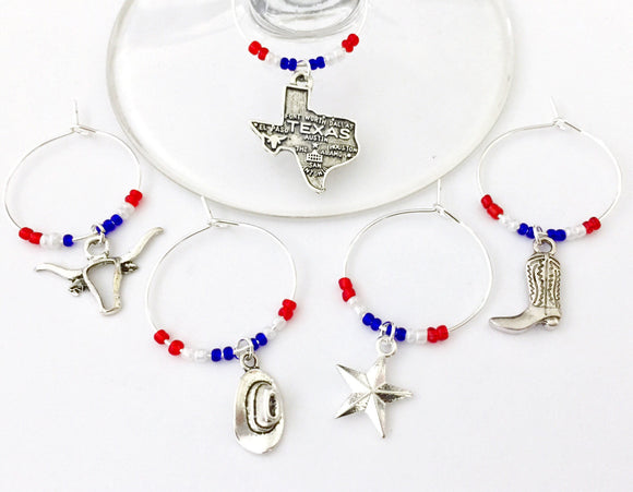 State of Texas themed Wine Charms: gift for your Texan lovers. Set of 5 (State of Texas, Cowboy Hat, Longhorn, Cowboy Boot, & Texas Star)