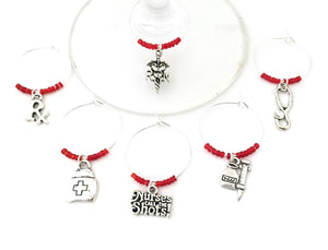 Nurse Wine Charms: Nursing Themed Wine Charms. Perfect Gift for Nurse Appreciation. RN, Stethoscope, Medicine, Rx Charms. Set of 6.