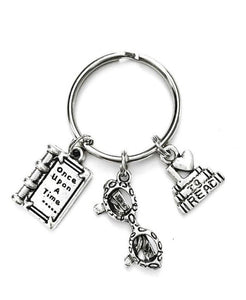 Book Lover themed keychain. Books with I Love to Read, Reading Glasses, and Once Upon a Time charms. Book worm, Librarian, Avid Reader gift.