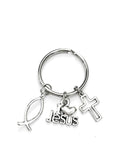 Religious themed keychain. Perfect Gift for Spiritual Follower in your life. Jesus Fish, I Love Jesus, Cross Charm. Faith and Religion Gift.