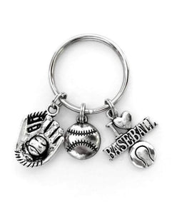 Baseball themed keychain. Includes Baseball, Glove, and I Love Baseball Charms. Baseball Coach gift.
