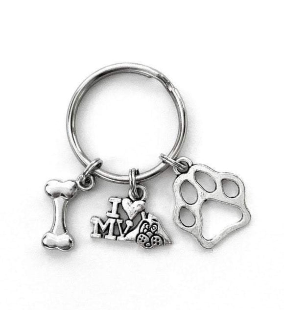 Dog Lover themed keychain. Gift for Dog Owner, Bag and Key Identifier. Includes Pawprint, Dog Bone, and I Love my Dog Charms.