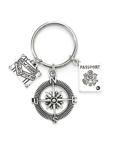 Travel themed keychain. Includes Passport, Compass, and International Suitcase. Suitcase Identifier, Bag Identifier.