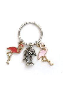 Flamingo themed keychain. Gift for Flamingo Lovers, Bag and Key Identifier. Includes Palm Tree and Two Flamingo Charms.