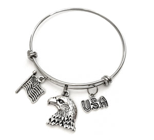 USA America themed bracelet. Includes Bald Eagle, American Flag, and USA with Stars Charms. American Gift. Born in the USA.