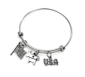 Democrat themed bracelet. Includes Democrat Donkey Symbol, American Flag, and USA with Stars Charms. Liberal Democratic gift.