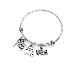 Republican themed bracelet. Republican Elephant Symbol, American Flag, and USA w/Stars Charms. GOP Conservative Right Wing Political gift.