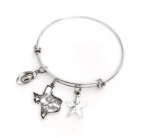 Texas bracelet. Includes State of Texas, Lone Star, and Cowboy Hat charms. Dallas, Houston, Austin, San Antonio Texan Gift. Texas Bangle.