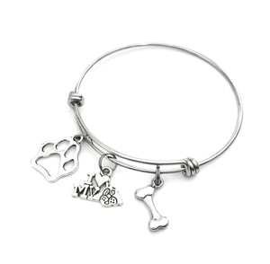 Dog Lover themed charm bracelet. Bangle Bracelet Gift for Dog Owner. Includes Pawprint, Dog Bone, and I Love my Dog Charms.