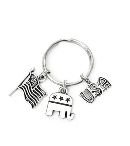 Republican themed keychain. Republican Elephant Symbol, American Flag, and USA w/Stars Charms. GOP Conservative Right Wing Political gift.
