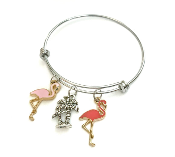 Flamingo themed charm bracelet. Expandable Bangle Bracelet gift for Flamingo Lovers. Includes Palm Tree and Two Flamingo Charms.