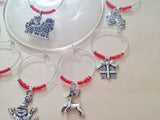 Christmas Wine Charms: Santa Claus, Frosty, Rudolph, Silver Bell, Christmas Tree charms. Set of 8. Red Beads.
